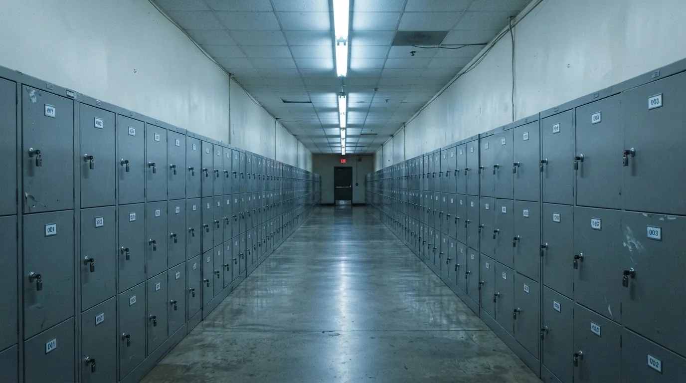 Un șir de dulapuri metalice încuiate pe un coridor lung, luminat de neoane palide — 10 lei depunere la cazinou în romania
