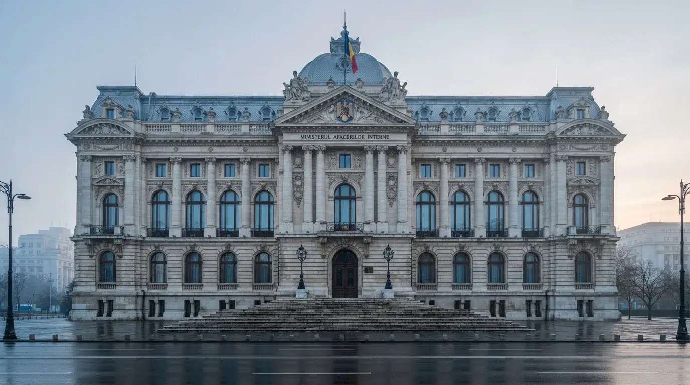 Fațada de piatră a unei clădiri guvernamentale din București, în lumina rece a zorilor — aparate de păcănele în românia
