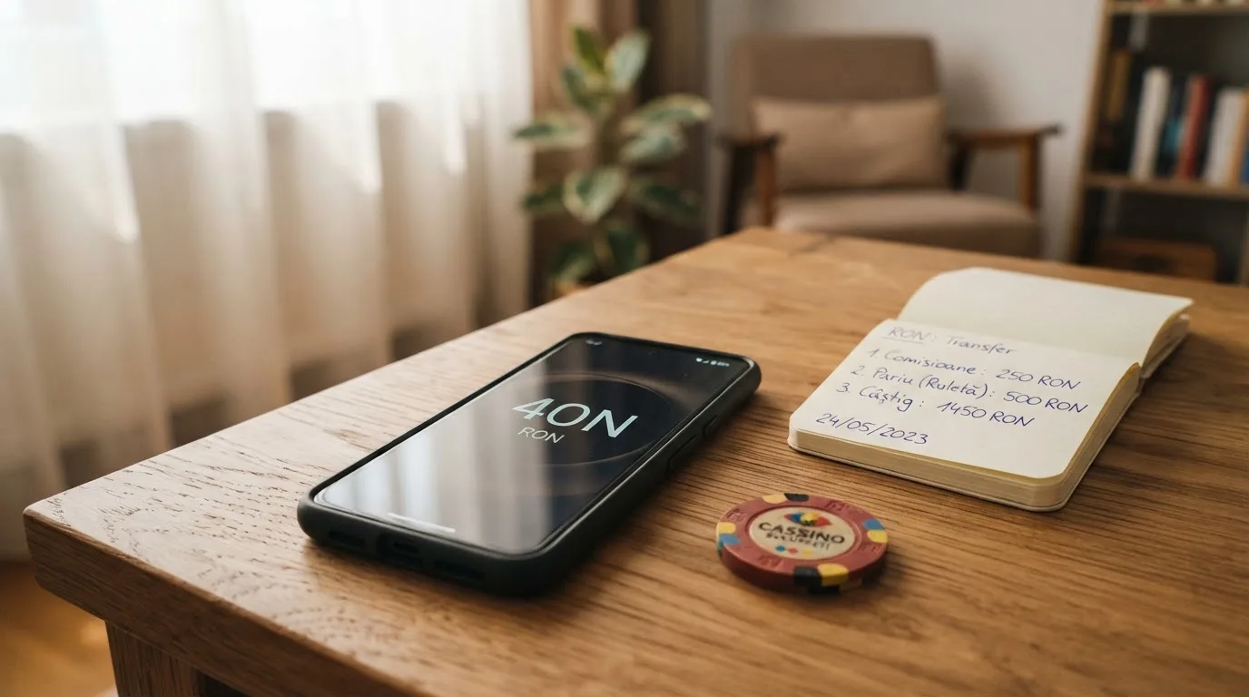 Smartphone așezat pe o masă de lemn lângă o monedă aurie și un calculator de buzunar, în lumina unei ferestre.
