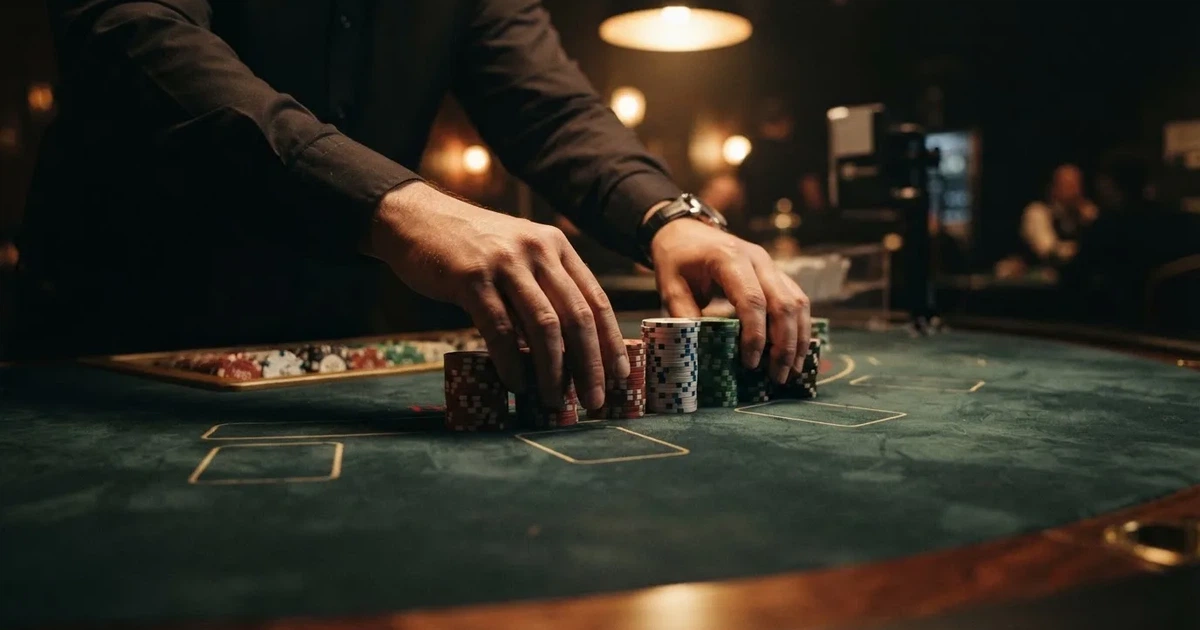 Mâini de crupier aranjând jetoane pe o masă de poker, în lumina unui spot — blackjack cu live dealeri în românia