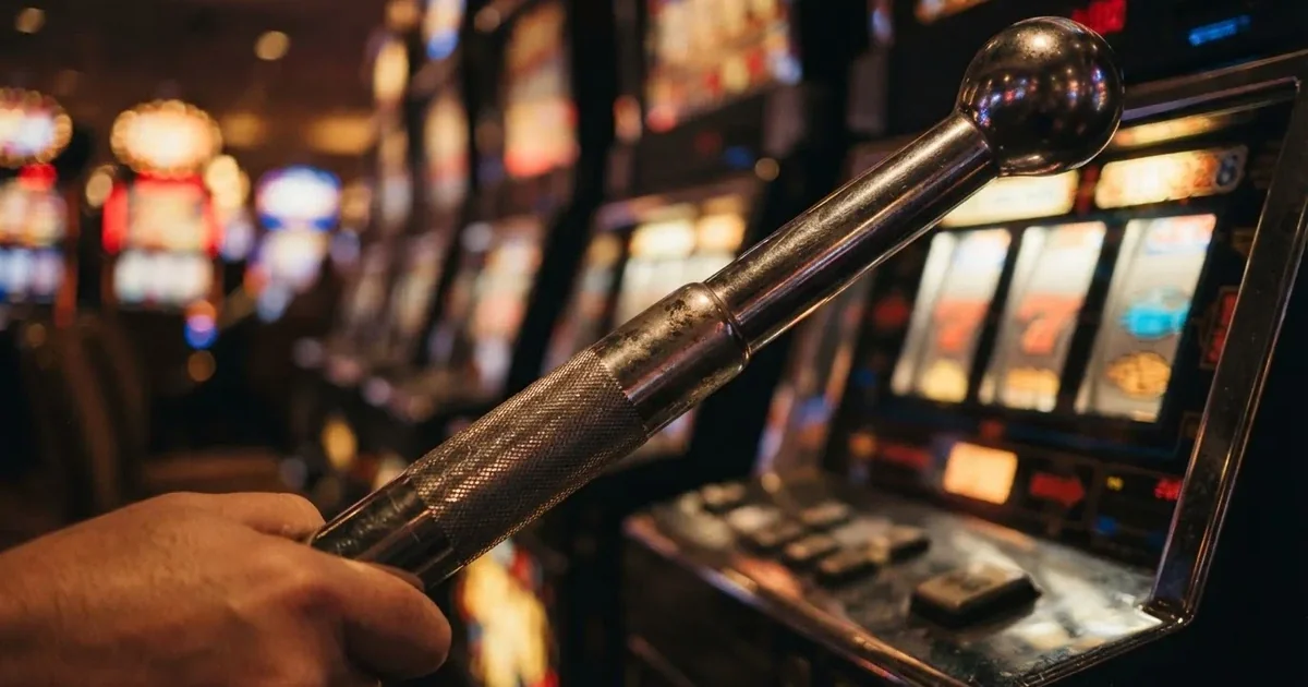 Mânerul cromat al unui automat de joc în prim-plan, cu rolele luminate în fundal — blackjack pe bani reali în românia