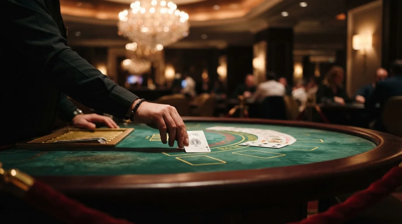 Mâinile unui crupier amestecă cărțile sub candelabrele unui cazinou elegant — blackjack reguli pentru români