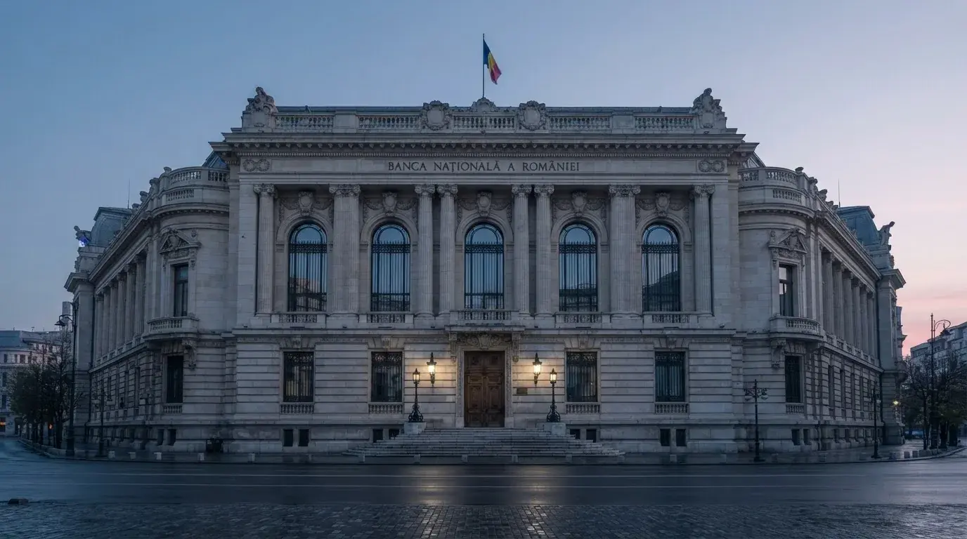 Fațada de piatră a unei clădiri guvernamentale din București, în lumina rece a zorilor — blackjack reguli pentru români
