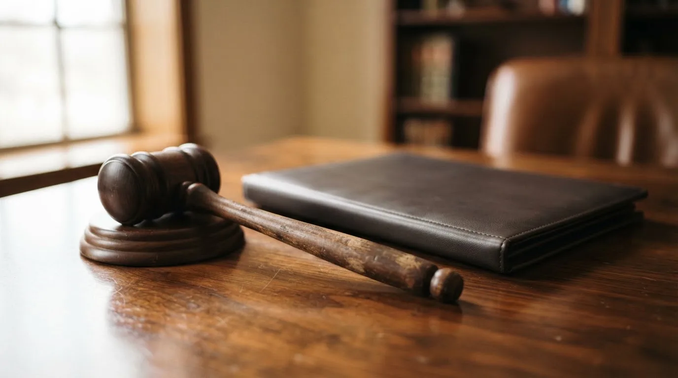 Un ciocan de judecător lângă un dosar de piele închis, pe o masă de nuc lustruit — bune cazinouri în românia