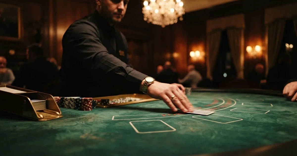 Mâinile unui crupier amestecă cărțile sub candelabrele unui cazinou elegant — casinouri online în romania