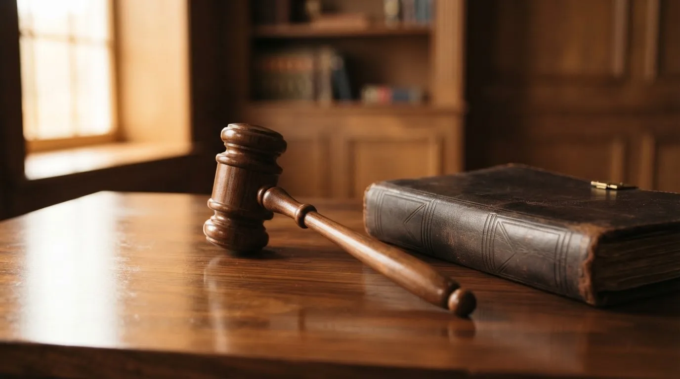 Un ciocan de judecător lângă un dosar de piele închis, pe o masă de nuc lustruit — cazino cu bani reali în românia