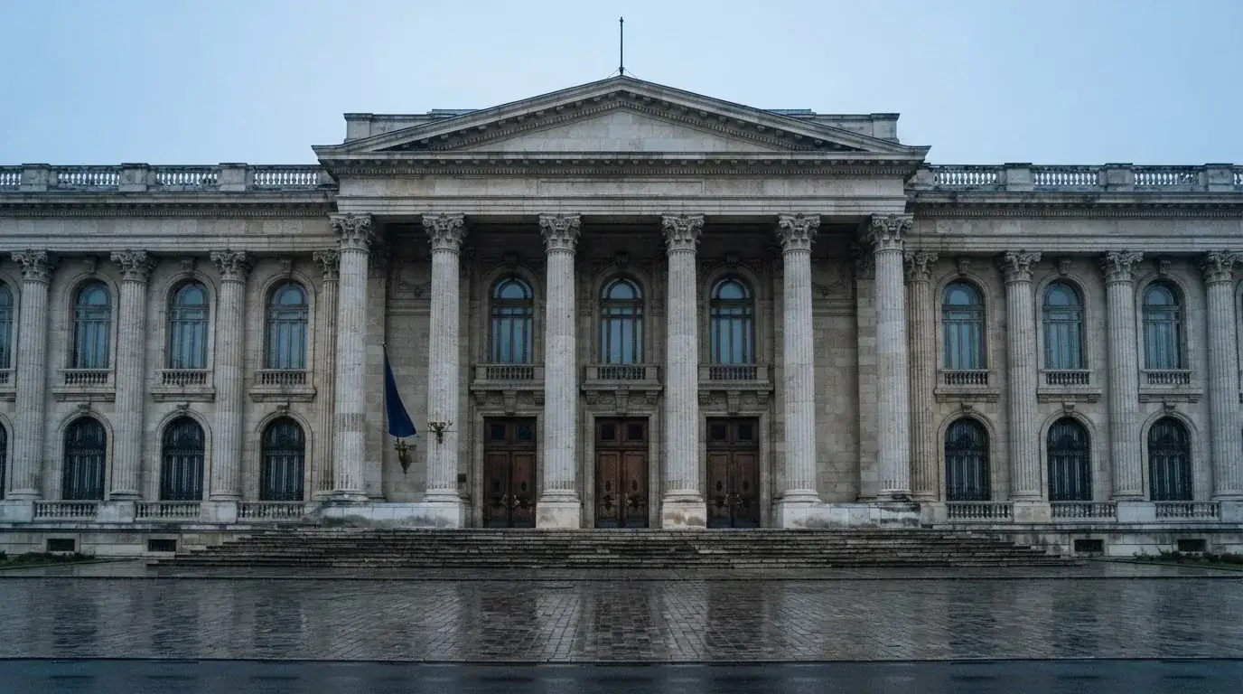 Fațada de piatră a unei clădiri guvernamentale din București, în lumina rece a zorilor — cazinouri cu ruletă în romania
