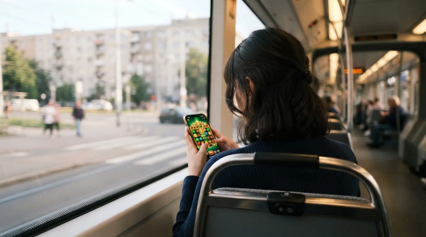 Tânără în tramvai ține telefonul cu ambele mâini și zâmbește, în timp ce afară se văd clădiri neclare în mișcare.