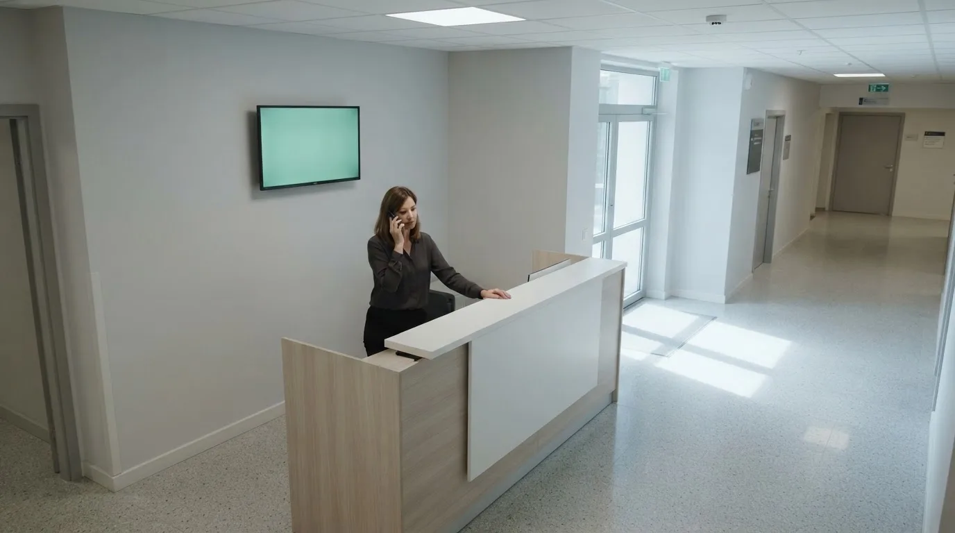 Birou de recepție într-un hol modern, cu un monitor discret pe un perete și o funcționară care răspunde la telefon.