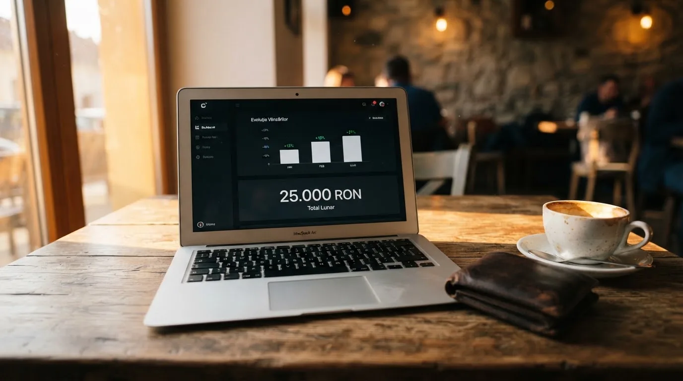 Laptop deschis pe o masă de cafenea, lângă un portofel de piele și o cană, cu lumina după-amiezii pe suprafața mesei.