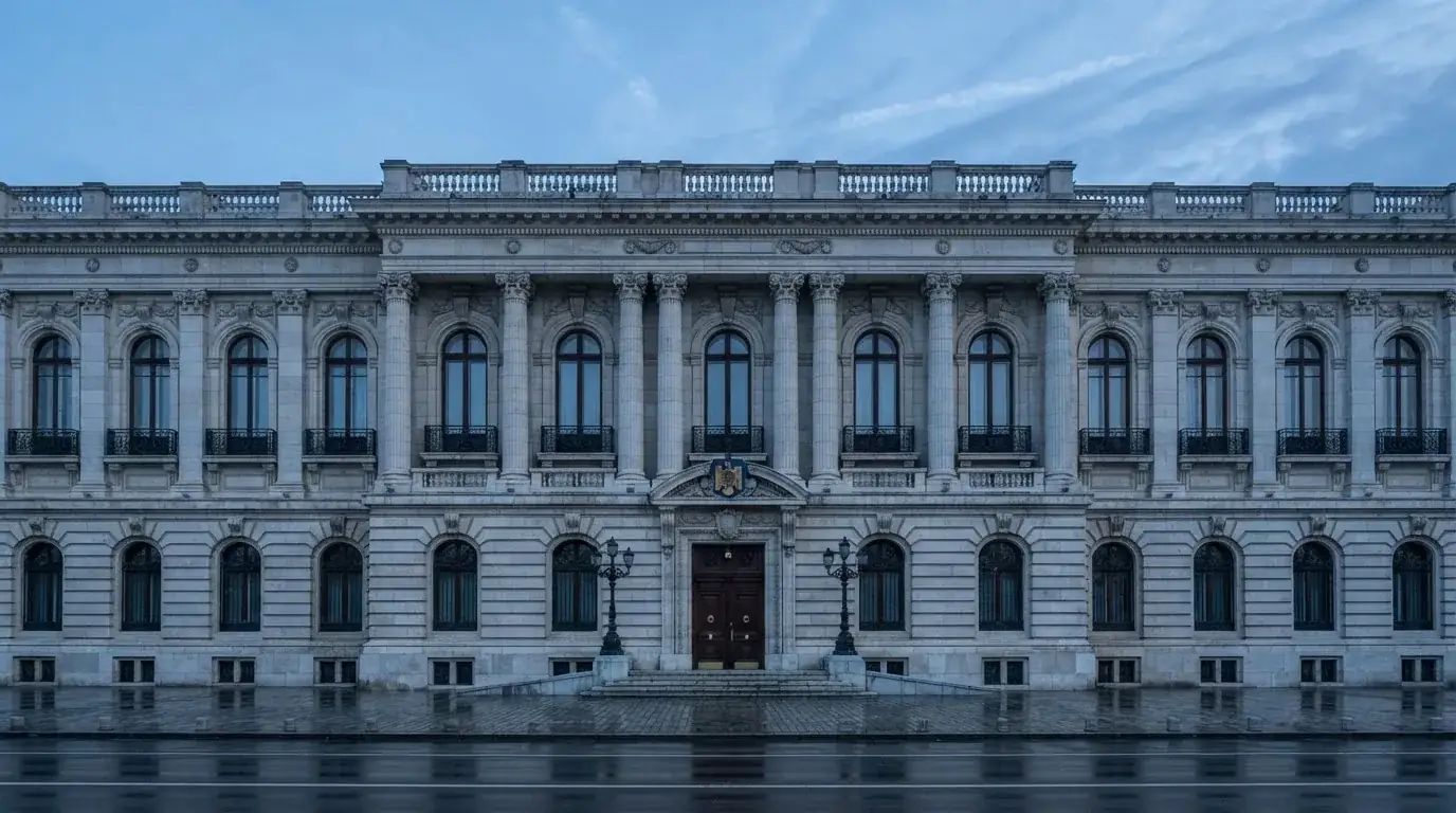 Fațada de piatră a unei clădiri guvernamentale din București, în lumina rece a zorilor — dogecoin cazinou în romania