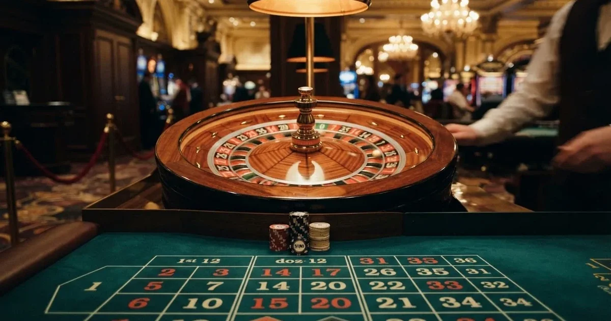 Un crupier în vestă neagră împarte cărți la o masă de blackjack, sub spoturi calde — jocuri de ruletă în română