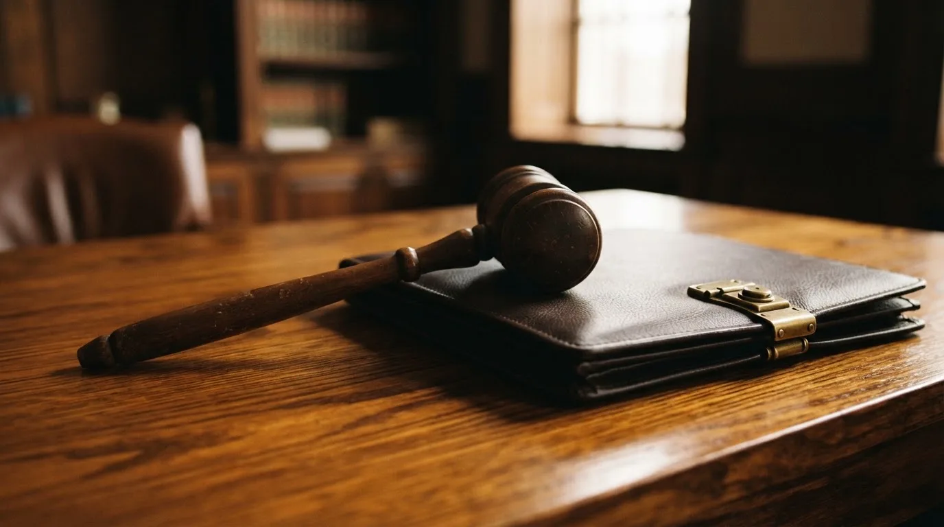 Un ciocan de judecător lângă un dosar de piele închis, pe o masă de nuc lustruit — live blackjack în românia